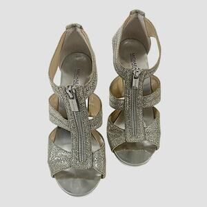 Michael Kors Silver Gold T-Strap Peep Toe Sparkly Glitter Front Zip Heels Sz 9